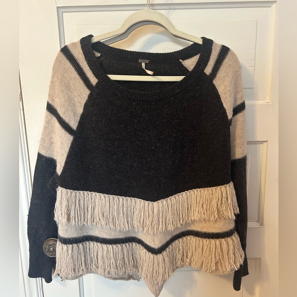 Free People Beige Black Color block Fringe Wool Blend Sweater XS Boho Western